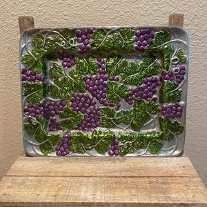 Grape Themed Silver Plated Tray, Purple Grapes Green Leaves & Vines Tray